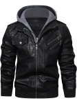 Men's Pu Leather Hooded Pockets Zipper Long Sleeves Jackets