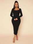 Solid Square Neck Dress Elegant Long Sleeve Bodycon Dress Women's Clothing