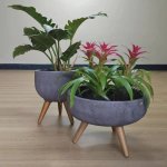 Rustic Bowl Japi Planter Cache Pot With Stand - Various Colours - Burnt Cement