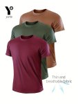 3PCS Men's Quick-dry Athletic T-shirts - Breathable Moisture-wicking Crew Neck Tees In Burgundy Army Green & Khaki - Perfect For