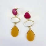 Three Tier Organically Shaped Drop Earring Pink White And Mustard - Factory Plaza