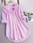 Striped Button Front Curved Hem Blouse Casual Long Sleeve Blouse For Spring & Fall Women's Clothing