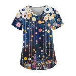 Scrubs For Women V Neck Short Sleeve Printed Tops Cartoon Pattern Plus Size Nursing With Pockets Blues 5XL