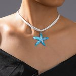 Chic Beach-inspired Starfish Pendant Necklace With Velvet Faux Leather Rope - Double Layer Resin Crafted For Women