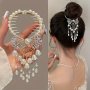 Tassel Pearl Flower Hairpin Back Head Plate Hair Grab Clip - Women's Advanced Sense Pill Hair Accessories