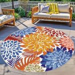 Colorful 6FT Outdoor Round Area Rug Washable Rugs Multicolored Patio Rug Tropical Botanical Floral Chenille Waterproof Outdoor C