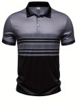 Men's Classic Business Style Stripes Pattern Short Sleeve Lapel T-Shirt For Summer Casual Stylish Golf Sports Streetwear Tops As