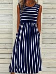 Striped Print Crew Neck Tank Dress Casual Sleeveless Pockets Dress For Spring & Summer Women's Clothing