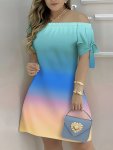 Color Block Striped Print Off-shoulder Dress Casual Knot Sleeve Dress For Spring & Summer Women's Clothing