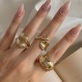 Elegant 3pcs Golden-Tone Ring Set - Chunky Geometric Design For Everyday & Party Wear