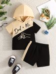 2PCS Baby's "dad+me" Fist Bump Print Short Sleeve Set Hooded T-Shirt & Pants Baby Boy's Clothing As Gift