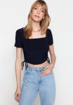 Square Collar Shirring Detail Fitted slippery Knitted Blouse With Crop - Navy Blue