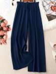 Plus Size Solid Fake Drawstring Wide Leg Pants Casual Elastic Waist Pants For Spring & Fall Women's Plus Size Clothing