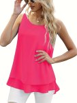 Solid Layered Hem Crew Neck Top Versatile Sleeveless Tank Top For Summer Women's Clothing