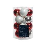 Glass Baubles Set Of 16 - White Red & Silver 3.5CM