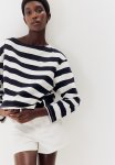 Oversized Boat-neck Top - Navy Blue & White Striped