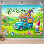 Blissyard Spring Backdrop 8X6FT Hello Spring Photo Booth Background Spring Garden Truck Gnome Theme Seasonal Floral Scenery For