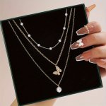 Multi-layer Faux Pearl And Rhinestone Butterfly Pendant Necklace Set 3 Pieces Simple And Vacation Style Elegant Accessory For Wo