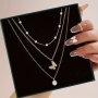 Multi-layer Faux Pearl And Rhinestone Butterfly Pendant Necklace Set 3 Pieces Simple And Vacation Style Elegant Accessory For Women Perfect For Daily Party Wear