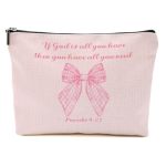 Bible Verse Makeup Bag For Women Coquette Pink Bow Portable Travel Organizer Toiletry Pouch Cosmetic Bag With Zipper Inspiration