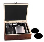 Six Ounce Whiskey Glass Set With Steel Flask Ice Stones Wooden Box Gift