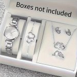 Elegant 6PCS Women's Fashion Watch & Jewelry Set - Stainless Steel Band Quartz Movement With Hollow Heart Design - Perfect Gift
