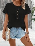 Plus Size Button Front T-Shirt Casual Short Sleeve Top For Spring & Summer Women's Plus Size Clothing