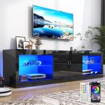 Vinctik 6&FOX 70 Inch LED Tv Stand For 80 75 Inch Tv Modern Black Entertainment Center With Adjustable Glass Shelves Two Cabinet