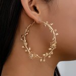 Vintage Floral Vine Hoop Earrings Large Statement Golden Circle With Leaf Accents Sweet & Spicy Elegant Retro Fashion Dangle Ear