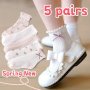 5 Pairs Girl's Cartoon Various Flower Pattern Knitted Socks Comfy Mesh Breathable Soft Crew Socks For Outdoor Wearing