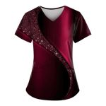 Scrubs For Women V Neck Short Sleeve Printed Tops Cartoon Pattern Plus Size Nursing With Pockets Red XL