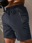 Men's Loose Solid Shorts With Zipper Pockets Casual Elastic Waist Drawstring Shorts For Summer