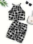 1 Set Teen Girl's Chic Geometric Print Halter Top + Skirt Co-ords Set Comfy Fit Sweet & Fashion Spring Summer Outfit