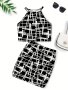 1 Set Teen Girl's Chic Geometric Print Halter Top + Skirt Co-ords Set Comfy Fit Sweet & Fashion Spring/ Summer Outfit