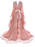 Molisa Womens Sexy Feather Bridal Robe Long Wedding Scarf Illusion Bathrobe Sleepwear Lingerie Robe Nightgown Dusty Rose+blush S