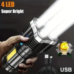 1PC LED Flashlight Powerful 4 LED Flashlight With Cob Side Light 4 Modes USB Rechargeable LED Torch Built In Battery Flashlight