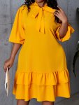 Plus Size Solid Tie Neck Ruffle Hem Dress Elegant Half Sleeve Dress For Spring & Summer Women's Plus Size Clothing