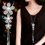 Rhinestone Inlaid Flowers Pendant Long Necklace Temperament All-match Women's Sweater Chain Accessories