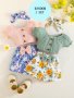 Three-pcs Set For Girls Cute And Sweet Striped Short-sleeved Top Flower Print Bow Shorts And Headscarf Combination Set Choose Two And One Will Be