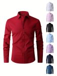 Solid Color Men's Business Slim Fit Long Sleeve Button Up Shirt Spring Fall Formal Wear Gift For Men