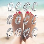 12PCS Bohemian Vintage Style Beach Foot Ring Set Hollow Love Heart Garland Feather Decor Silvery Minimalist Style Adjustable Ope