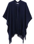 Knit Shawl Wrap For Women - Soul Young Ladies Fringe Knitted Poncho Blanket Cardigan Cape One Size Navy