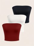 3 Pack Solid Color Crop Tube Tops Casual Sleeveless Strapless Slim Basic Tops Women's Clothing