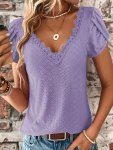 Eyelet Lace Trim V Neck Blouse Casual Petal Sleeve Blouse For Spring & Summer Women's Clothing
