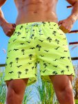 Men's Summer Fashion Coconut Tree And Sea Gull Silhouette Pattern Board Shorts Chic And Trendy Quick Dry Drawstring Shorts For S