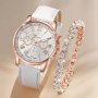 Chic 2PCS Women's Quartz Watch & Bracelet Set - Cute Round Analog Display Shockproof With Rhinestone Accents Faux Leather Strap - Perfect Gift For Mom