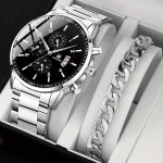2PCS SET Men's Fashion Quartz Watch & Stainless Steel Bracelet Set Ideal Choice For Gifts