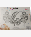 13PC Silver And White Balloon Set NR.4 - 13PC Set Consisting Of 1 X 81CM Number Balloon 6PC 30.5CM Silver Balloons 6PC 30.5CM