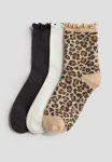 3 Pack Overlock-detail Socks - Beige Leopard Print