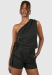 Linen Look Asymmetric Ruched Blouse - Black